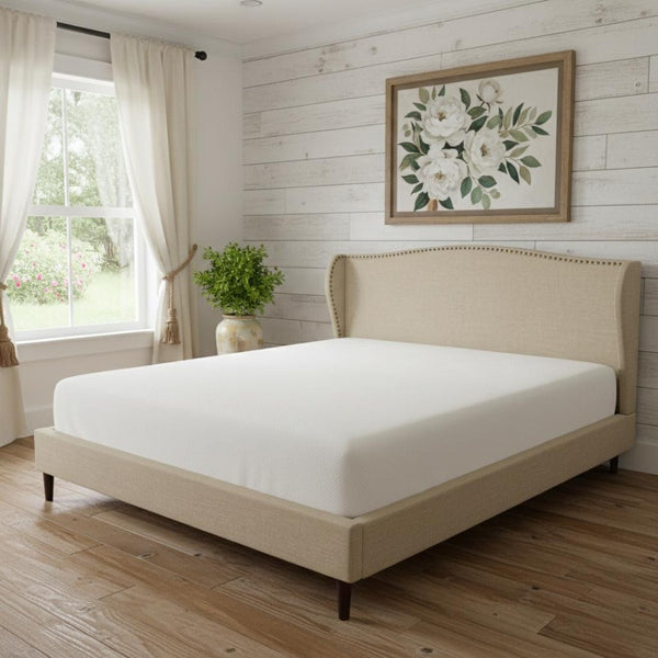 HomeRoots Beige Linen Upholstered King Bed Frame with Nailhead Trim – Elegant Comfort for Rustic & Modern Styles 544858