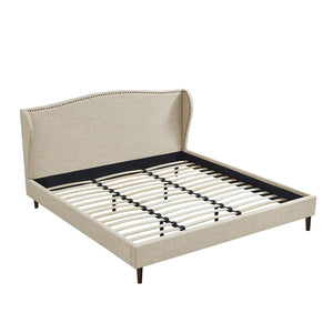HomeRoots Beige Linen Upholstered King Bed Frame with Nailhead Trim – Elegant Comfort for Rustic & Modern Styles 544858
