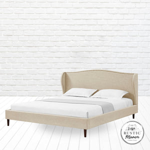 HomeRoots Beige Linen Upholstered King Bed Frame with Nailhead Trim – Elegant Comfort for Rustic & Modern Styles 544858
