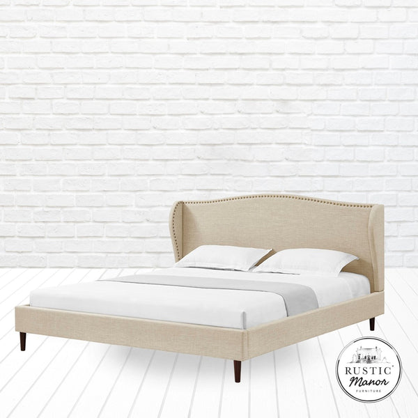 HomeRoots Beige Linen Upholstered King Bed Frame with Nailhead Trim – Elegant Comfort for Rustic & Modern Styles 544858