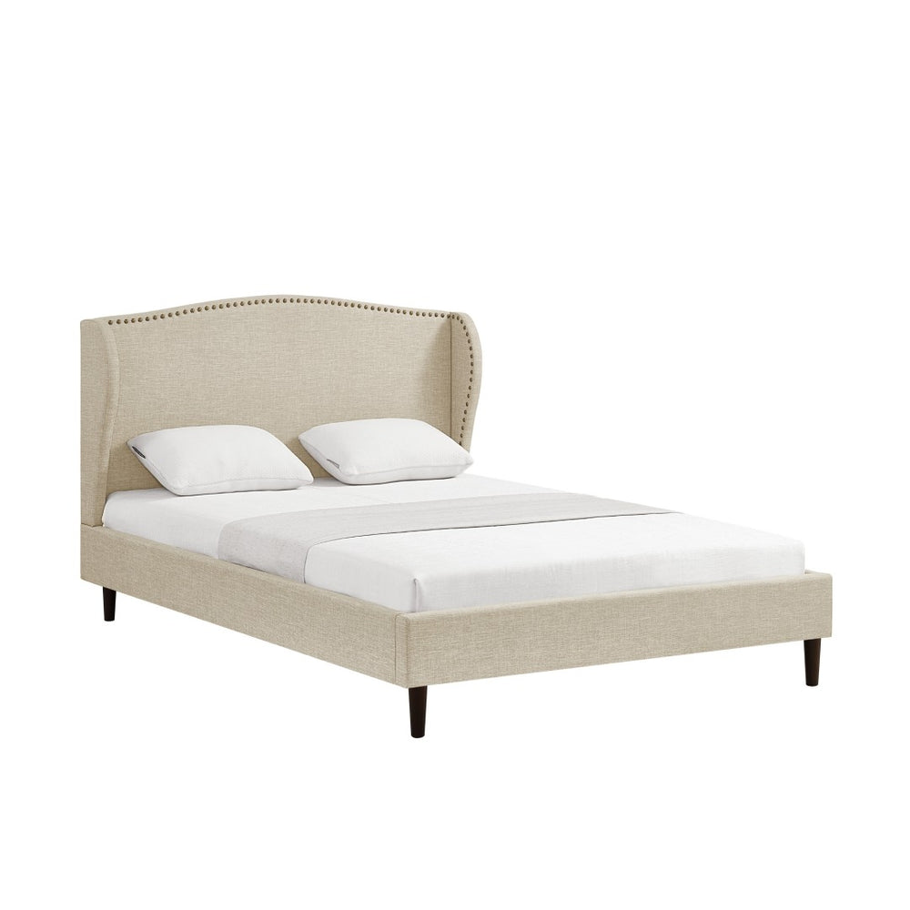 HomeRoots Beige Linen Upholstered Queen Bed Frame with Nailhead Trim, Rustic Design & Cozy Comfort 544859