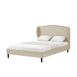 HomeRoots Beige Linen Upholstered Queen Bed Frame with Nailhead Trim, Rustic Design & Cozy Comfort 544859