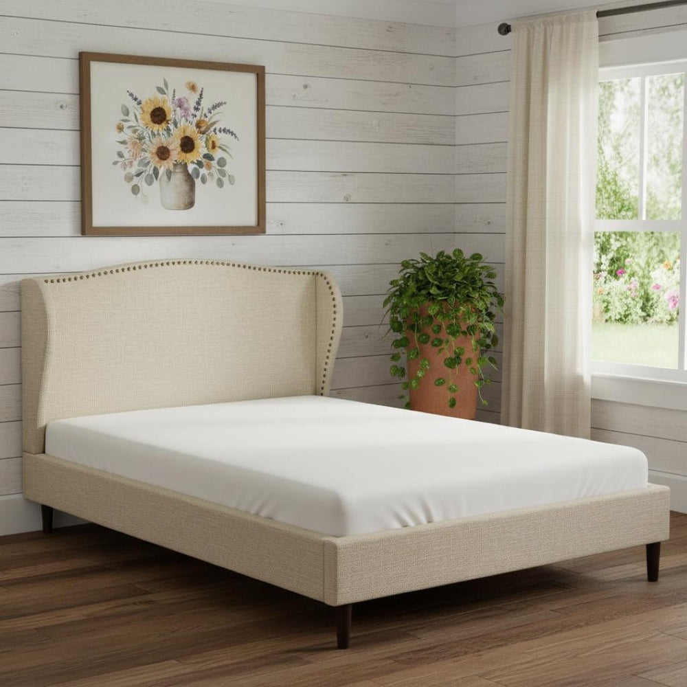 HomeRoots Beige Linen Upholstered Queen Bed Frame with Nailhead Trim, Rustic Design & Cozy Comfort 544859