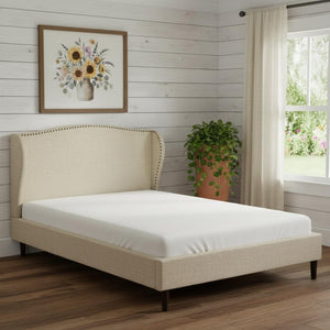 HomeRoots Beige Linen Upholstered Queen Bed Frame with Nailhead Trim, Rustic Design & Cozy Comfort 544859