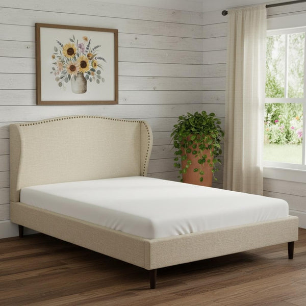 HomeRoots Beige Linen Upholstered Queen Bed Frame with Nailhead Trim, Rustic Design & Cozy Comfort 544859