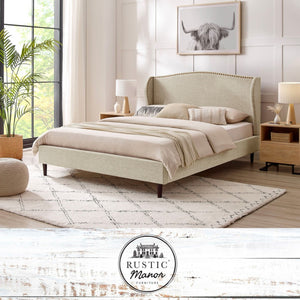 HomeRoots Beige Linen Upholstered Queen Bed Frame with Nailhead Trim, Rustic Design & Cozy Comfort 544859
