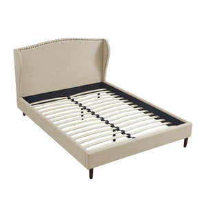 HomeRoots Beige Linen Upholstered Queen Bed Frame with Nailhead Trim, Rustic Design & Cozy Comfort 544859