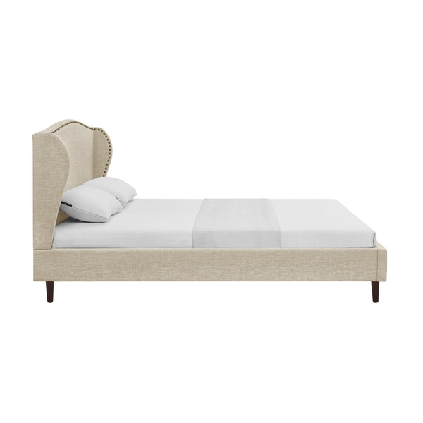 HomeRoots Beige Linen Upholstered Queen Bed Frame with Nailhead Trim, Rustic Design & Cozy Comfort 544859