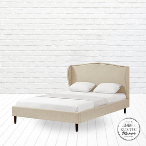 HomeRoots Beige Linen Upholstered Queen Bed Frame with Nailhead Trim, Rustic Design & Cozy Comfort 544859