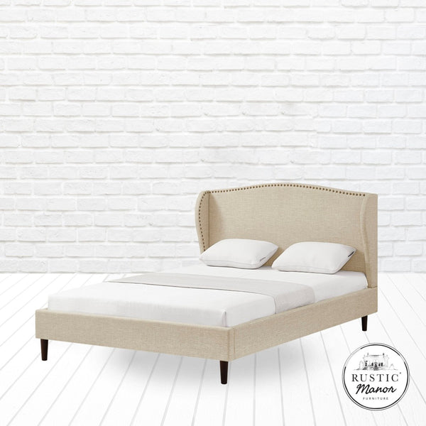 HomeRoots Beige Linen Upholstered Queen Bed Frame with Nailhead Trim, Rustic Design & Cozy Comfort 544859