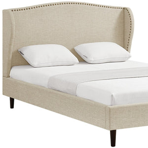 HomeRoots Beige Linen Upholstered Queen Bed Frame with Nailhead Trim, Rustic Design & Cozy Comfort 544859