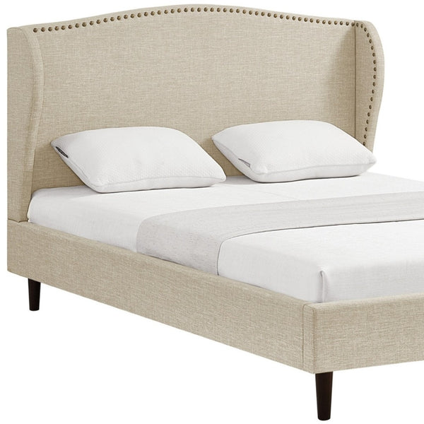 HomeRoots Beige Linen Upholstered Queen Bed Frame with Nailhead Trim, Rustic Design & Cozy Comfort 544859
