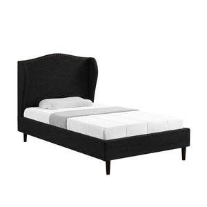 HomeRoots Charcoal Linen Upholstered Twin Bed Frame with Nailhead Trim - Rustic Charm for Cozy Bedrooms 544860