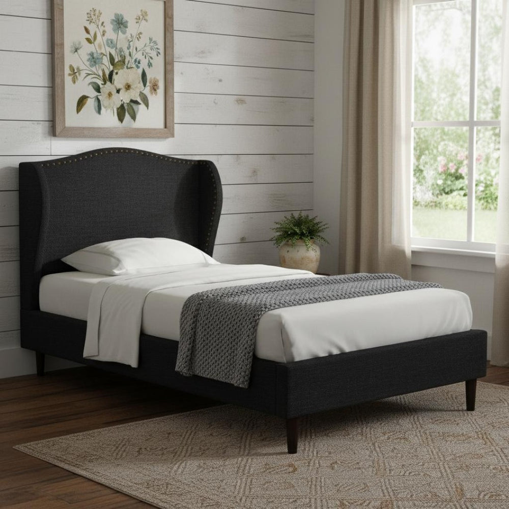 HomeRoots Charcoal Linen Upholstered Twin Bed Frame with Nailhead Trim - Rustic Charm for Cozy Bedrooms 544860