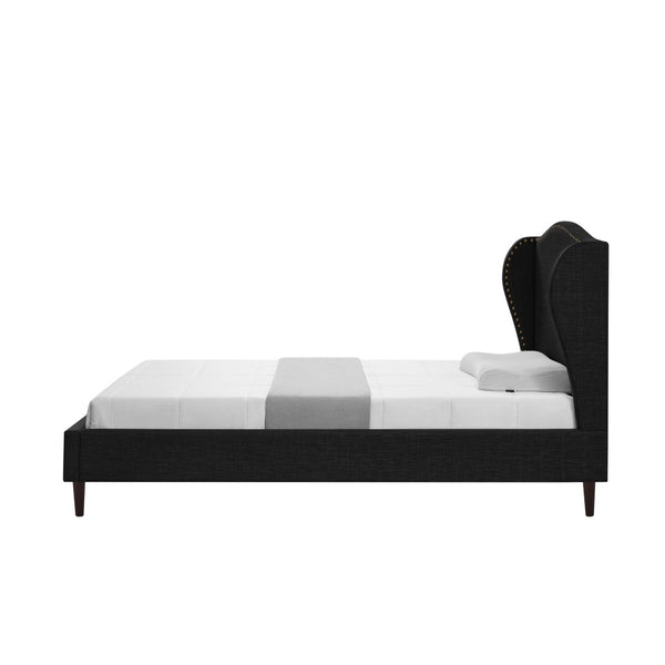 HomeRoots Charcoal Linen Upholstered Twin Bed Frame with Nailhead Trim - Rustic Charm for Cozy Bedrooms 544860