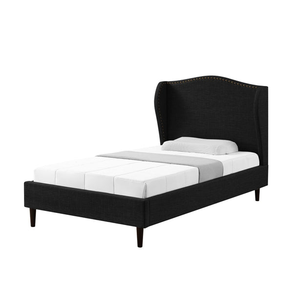 HomeRoots Charcoal Linen Upholstered Twin Bed Frame with Nailhead Trim - Rustic Charm for Cozy Bedrooms 544860