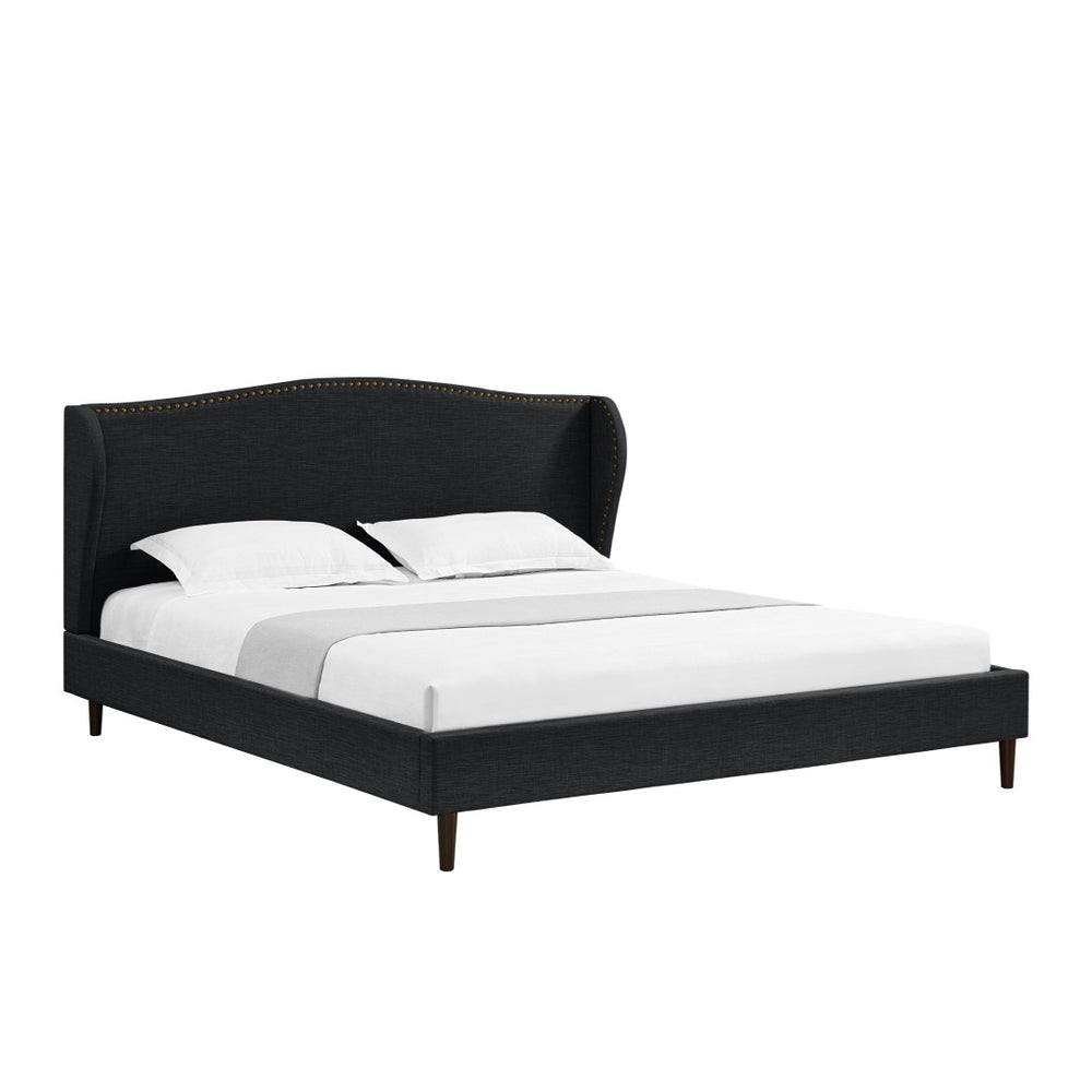 HomeRoots Charcoal King Bed Frame - Upholstered Linen with Nailhead Trim, Rustic Charm & Durable Support 544861