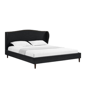 HomeRoots Charcoal King Bed Frame - Upholstered Linen with Nailhead Trim, Rustic Charm & Durable Support 544861