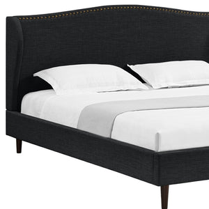 HomeRoots Charcoal King Bed Frame - Upholstered Linen with Nailhead Trim, Rustic Charm & Durable Support 544861