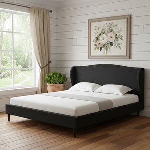 HomeRoots Charcoal King Bed Frame - Upholstered Linen with Nailhead Trim, Rustic Charm & Durable Support 544861