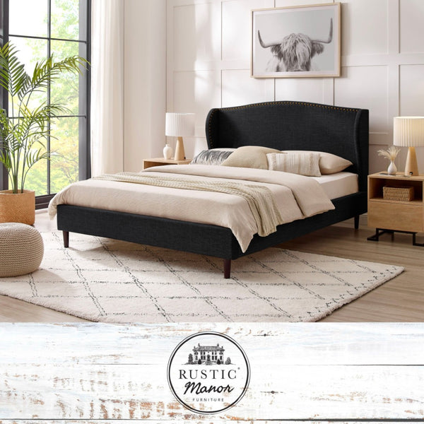 HomeRoots Charcoal King Bed Frame - Upholstered Linen with Nailhead Trim, Rustic Charm & Durable Support 544861
