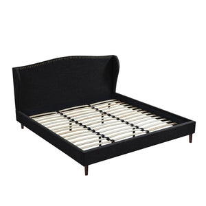 HomeRoots Charcoal King Bed Frame - Upholstered Linen with Nailhead Trim, Rustic Charm & Durable Support 544861
