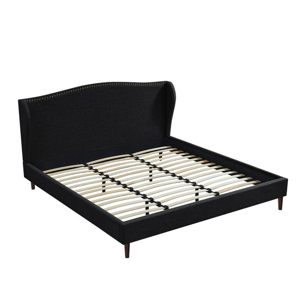 HomeRoots Charcoal King Bed Frame - Upholstered Linen with Nailhead Trim, Rustic Charm & Durable Support 544861