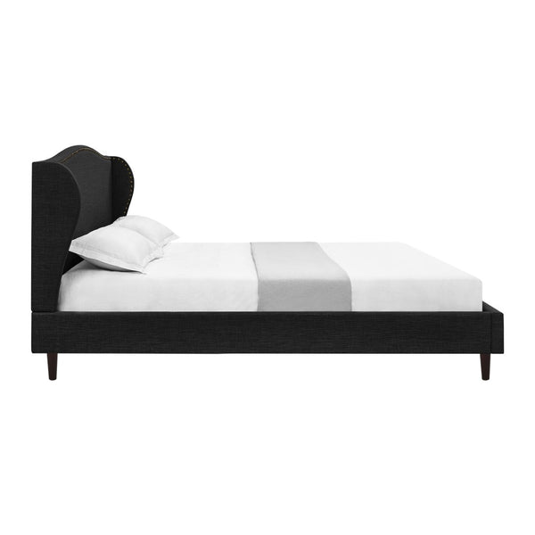 HomeRoots Charcoal King Bed Frame - Upholstered Linen with Nailhead Trim, Rustic Charm & Durable Support 544861