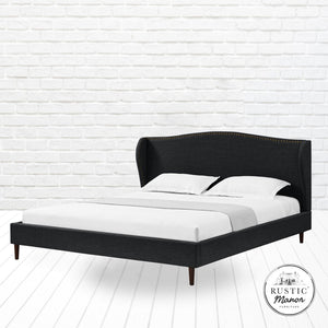 HomeRoots Charcoal King Bed Frame - Upholstered Linen with Nailhead Trim, Rustic Charm & Durable Support 544861