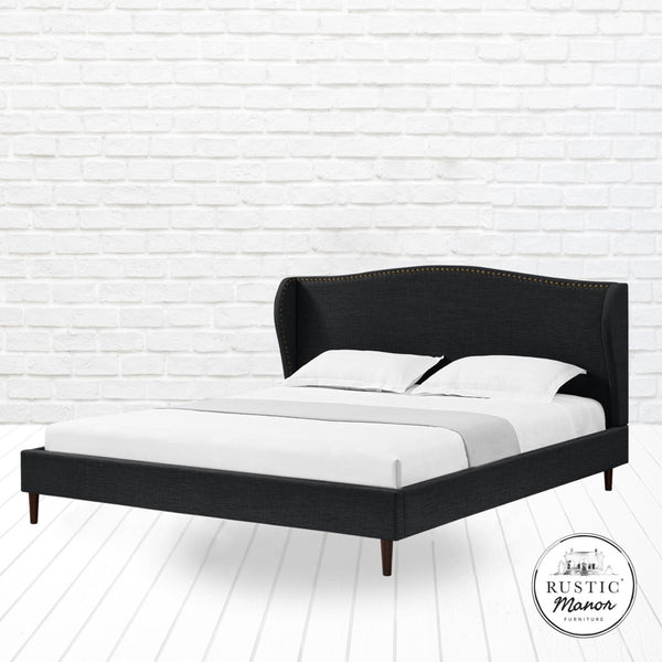 HomeRoots Charcoal King Bed Frame - Upholstered Linen with Nailhead Trim, Rustic Charm & Durable Support 544861