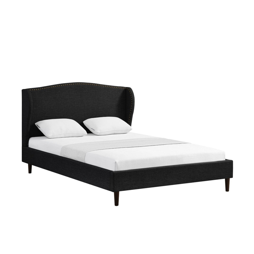 HomeRoots Charcoal Linen Queen Bed Frame with Nailhead Trim – Durable Eucalyptus Wood & Plush Comfort Design 544862