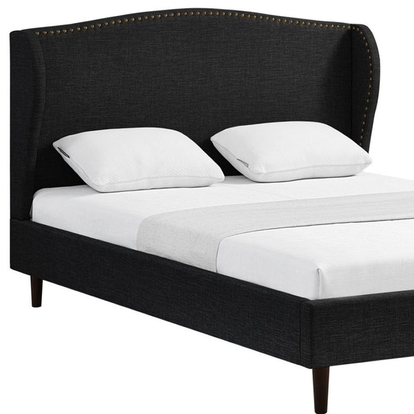 HomeRoots Charcoal Linen Queen Bed Frame with Nailhead Trim – Durable Eucalyptus Wood & Plush Comfort Design 544862