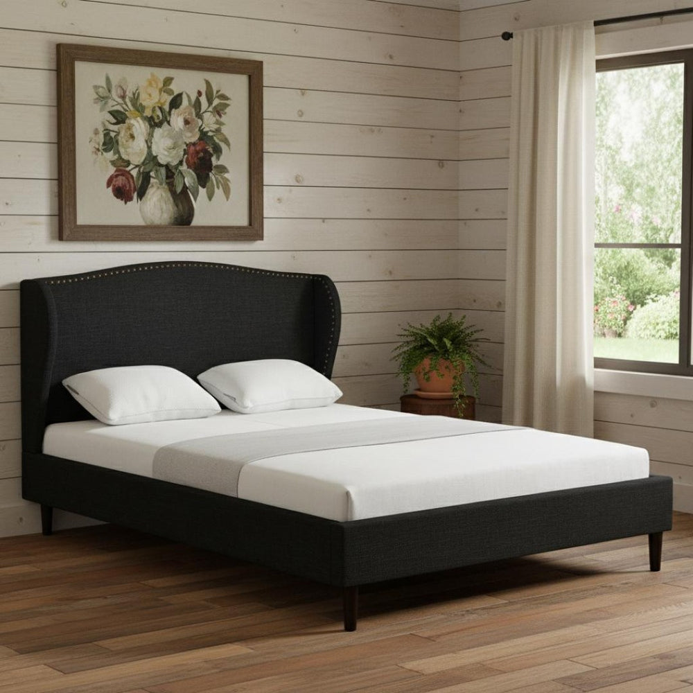 HomeRoots Charcoal Linen Queen Bed Frame with Nailhead Trim – Durable Eucalyptus Wood & Plush Comfort Design 544862