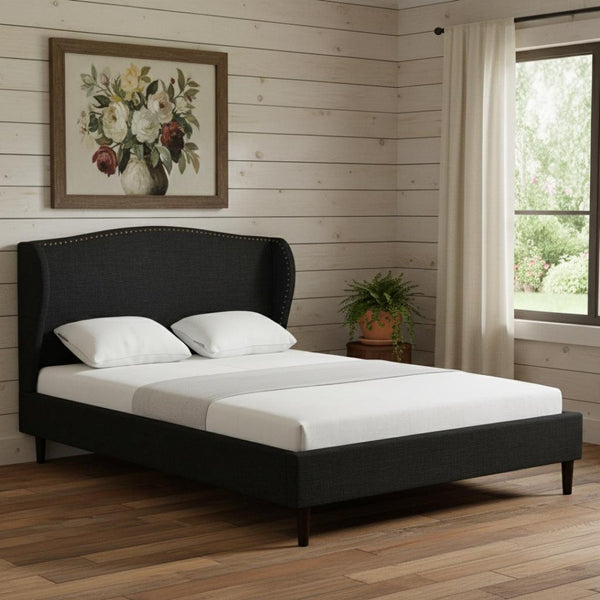 HomeRoots Charcoal Linen Queen Bed Frame with Nailhead Trim – Durable Eucalyptus Wood & Plush Comfort Design 544862