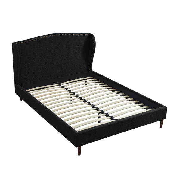 HomeRoots Charcoal Linen Queen Bed Frame with Nailhead Trim – Durable Eucalyptus Wood & Plush Comfort Design 544862