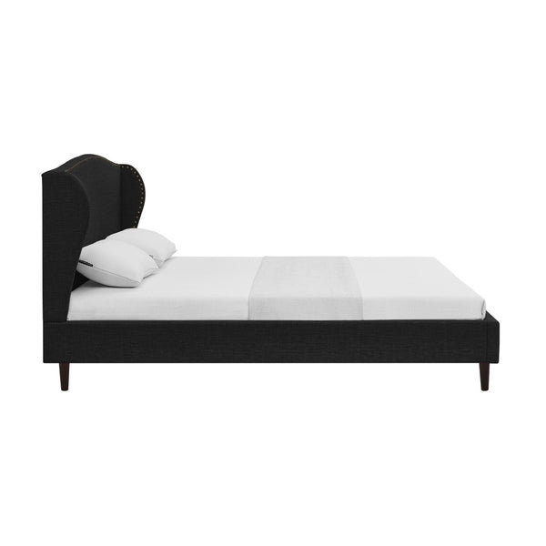 HomeRoots Charcoal Linen Queen Bed Frame with Nailhead Trim – Durable Eucalyptus Wood & Plush Comfort Design 544862