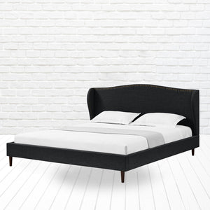 HomeRoots Charcoal Linen Queen Bed Frame with Nailhead Trim – Durable Eucalyptus Wood & Plush Comfort Design 544862