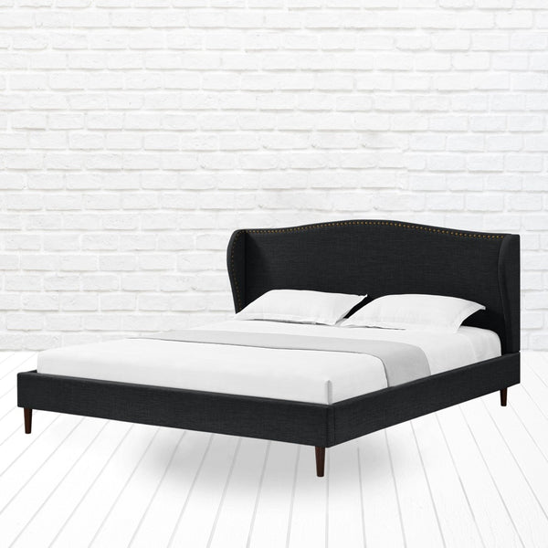 HomeRoots Charcoal Linen Queen Bed Frame with Nailhead Trim – Durable Eucalyptus Wood & Plush Comfort Design 544862