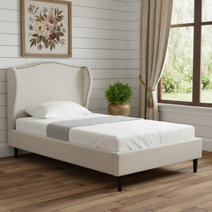 HomeRoots Cream Linen Upholstered Twin Bed Frame - Elegant Nailhead Trim, Cozy Design for Any Décor Style 544863