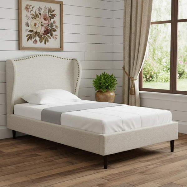 HomeRoots Cream Linen Upholstered Twin Bed Frame - Elegant Nailhead Trim, Cozy Design for Any Décor Style 544863