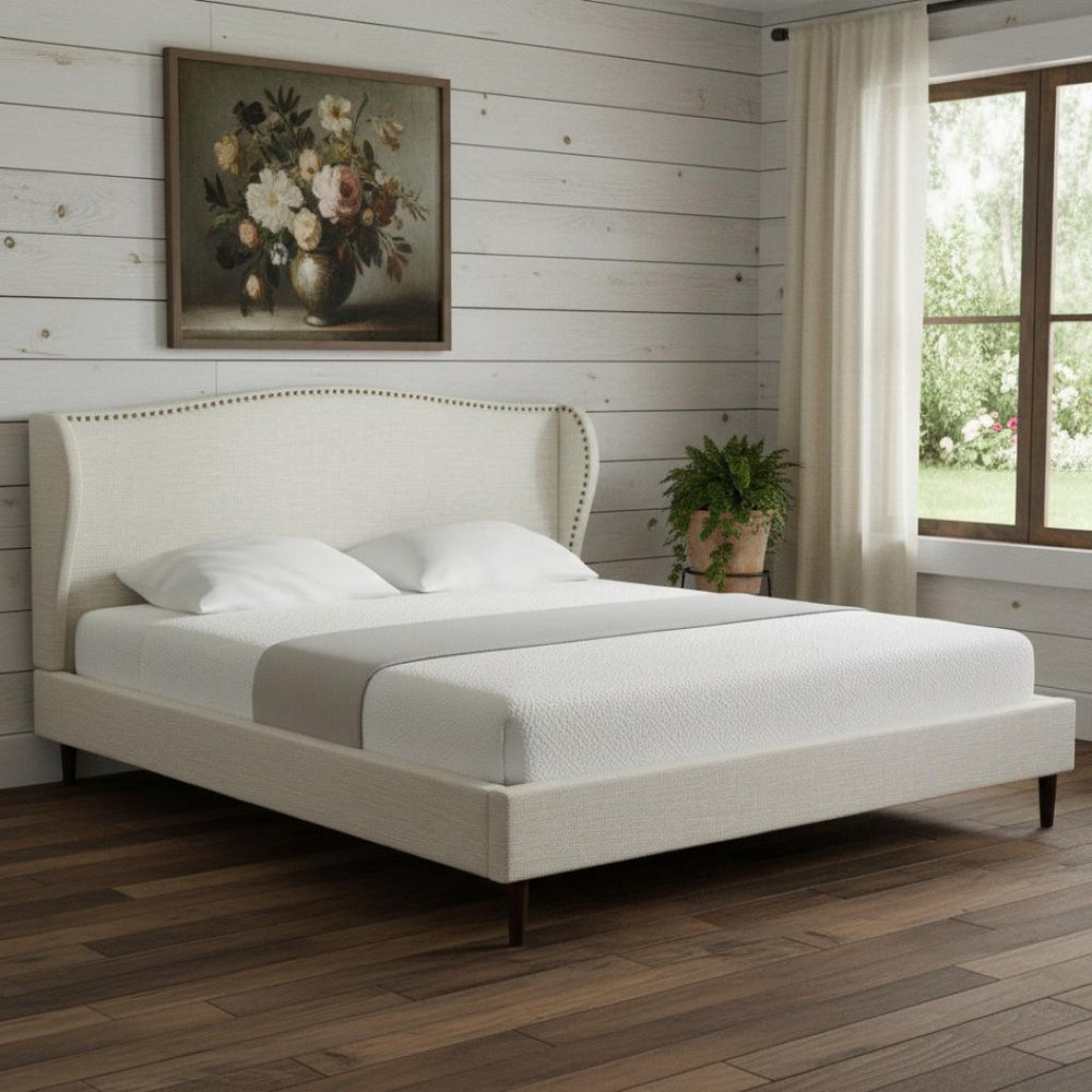 HomeRoots Cream Linen Upholstered King Bed Frame with Elegant Nailhead Trim - Stylish & Durable Design 544864