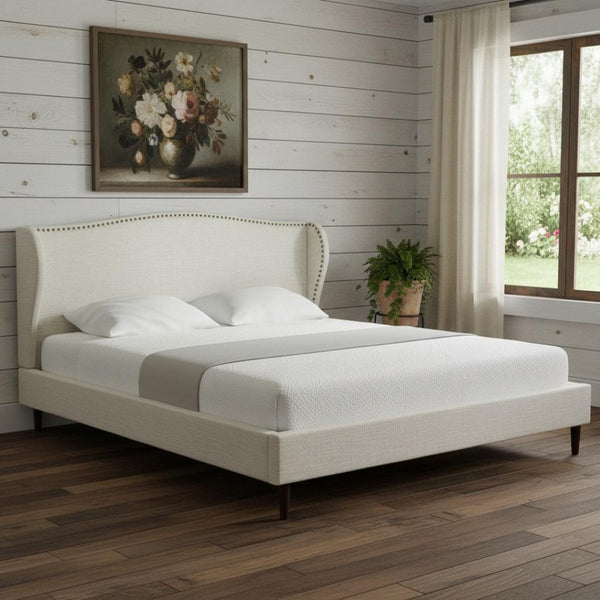 HomeRoots Cream Linen Upholstered King Bed Frame with Elegant Nailhead Trim - Stylish & Durable Design 544864