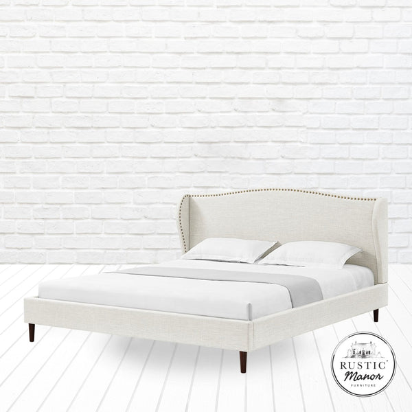 HomeRoots Cream Linen Upholstered King Bed Frame with Elegant Nailhead Trim - Stylish & Durable Design 544864