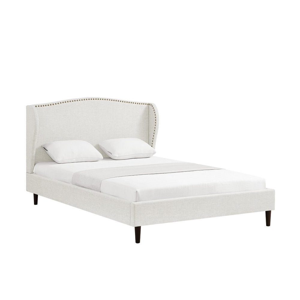 HomeRoots Cream Linen Upholstered Queen Bed Frame with Nailhead Trim - Stylish, Durable, and Cozy Design! 544865