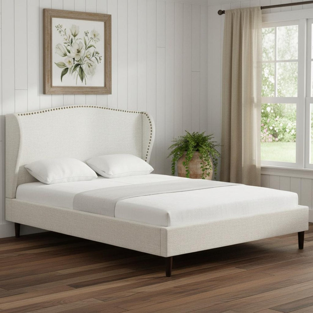 HomeRoots Cream Linen Upholstered Queen Bed Frame with Nailhead Trim - Stylish, Durable, and Cozy Design! 544865