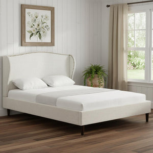 HomeRoots Cream Linen Upholstered Queen Bed Frame with Nailhead Trim - Stylish, Durable, and Cozy Design! 544865