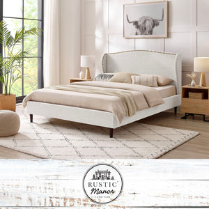 HomeRoots Cream Linen Upholstered Queen Bed Frame with Nailhead Trim - Stylish, Durable, and Cozy Design! 544865