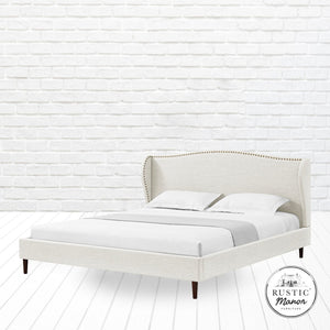 HomeRoots Cream Linen Upholstered Queen Bed Frame with Nailhead Trim - Stylish, Durable, and Cozy Design! 544865