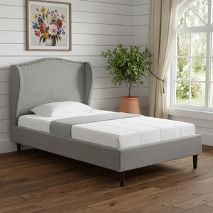 HomeRoots Gray Linen Upholstered Twin Bed Frame with Nailhead Trim - Stylish Comfort for Cozy Bedrooms 544866