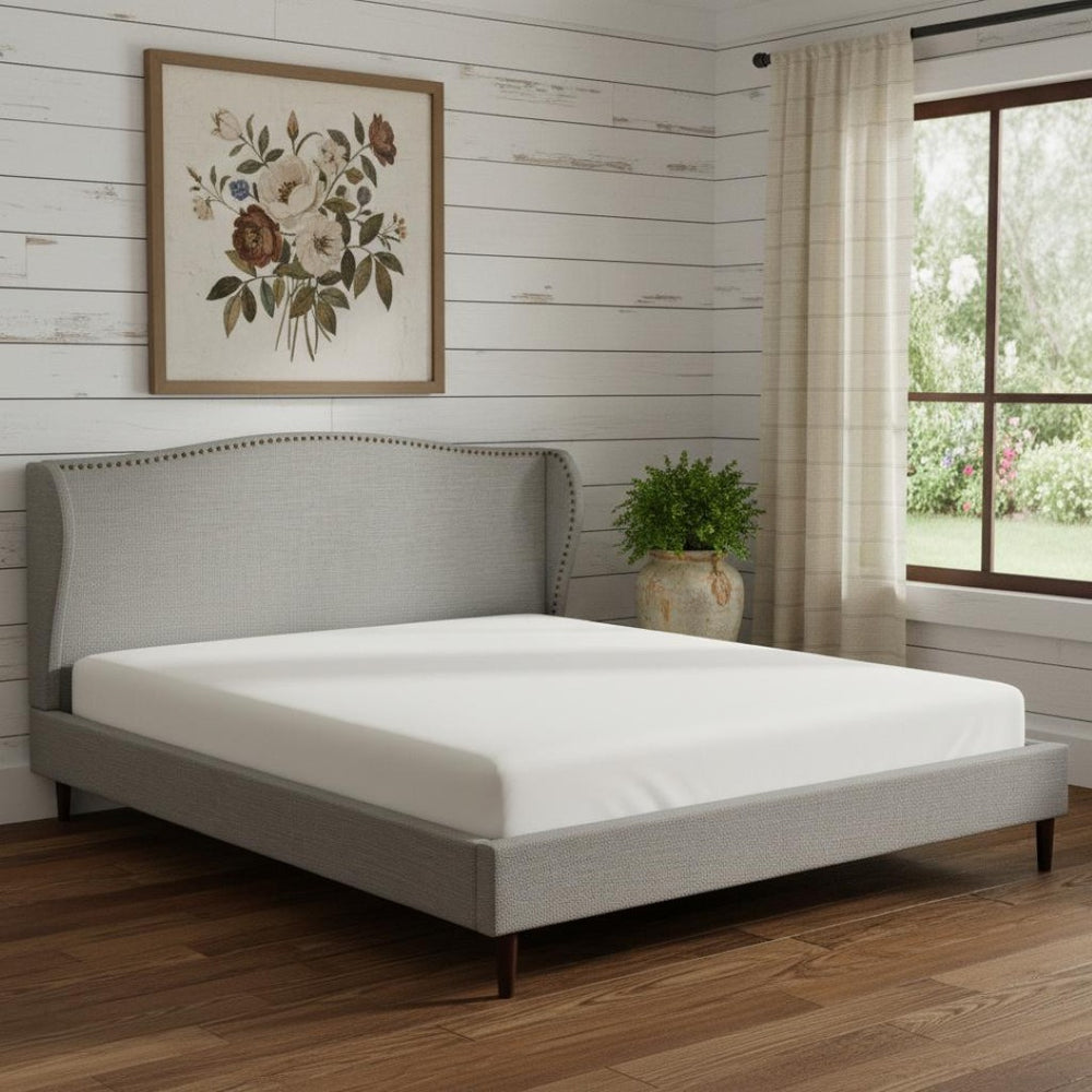 HomeRoots Gray Linen Upholstered King Bed Frame with Nailhead Trim - Cozy Rustic Design for Serene Sleep 544867